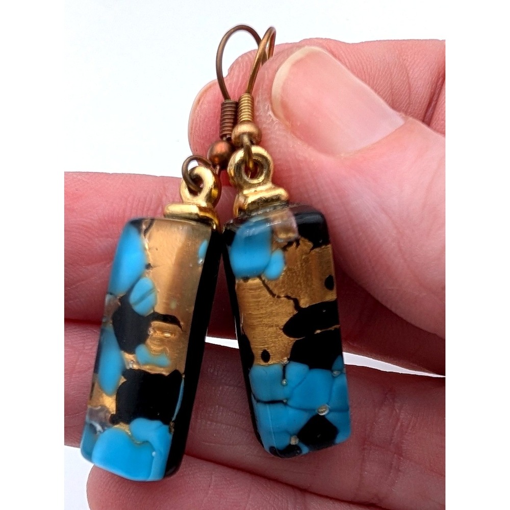 Artisan Glass Rectangle Drop Earrings Turquoise Blue Gold Black Dangle Modern